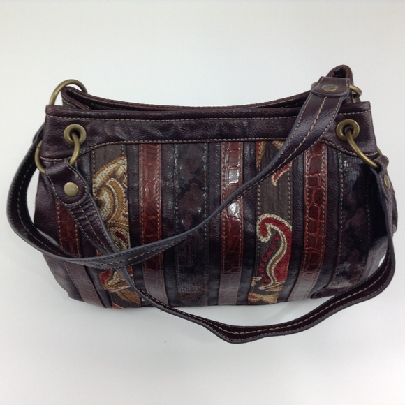 Relic Handbags - Relic Fabric Print Stripe Brown Faux Leather Bag
